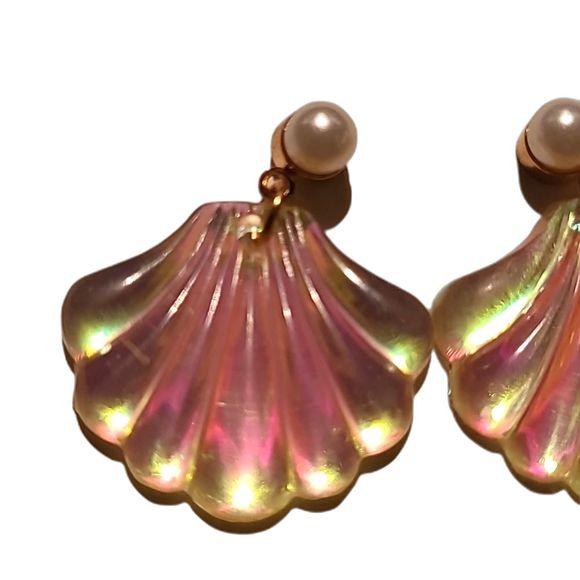 Bohemian Pearl Seashell Earring Gold Pink Glitter Shiny Lightweight Boho Jewelry - Picture 3 of 16